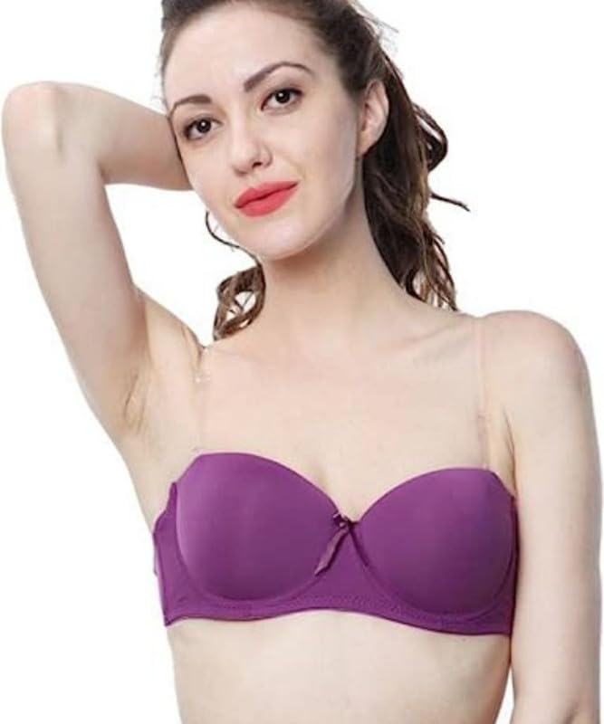 Image of Brachy Women Cotton Nylon Spandex Padded Underwire Strapless Backless Invisible Clear Transparent Back Push up Bra with (Free Extra Transparent Strap)
