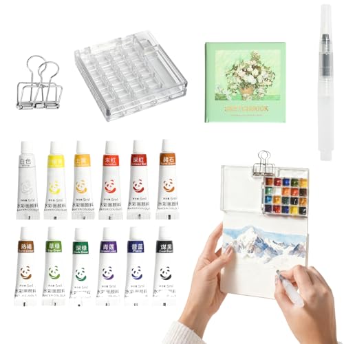 Mini Set de Acuarela, 12 Colores con Paleta de 21 Compartimentos, Pincel de Agua, Cuaderno de Bocetos y Clip, Juego de Acuarelas Mini Portátil para Principiantes, Niños y Artistas
