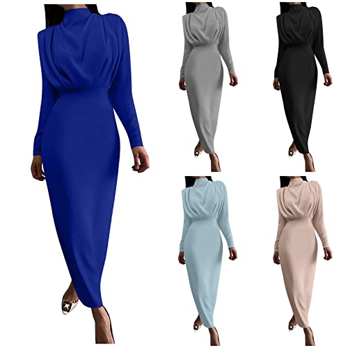 Sgasy Elegant High Neck Ruched Slim Fit Long Dresses For Women Long Sleeve High Waist Stretch Full Dress Gray #TOP5
