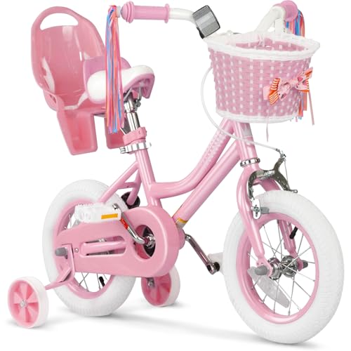 Image of Glaf Toddler Girls Bike for Age 2-12 Years Old | 12 14 16 20 Inch Kids Bike Girls Bicycle with Training Wheels,Basket,Doll Seat,Princess Style Kids Bicycle Gift