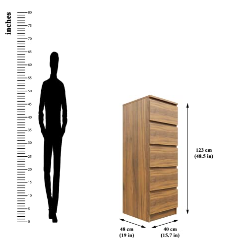 Image of VIKI Dresser with 5 Drawers, Chest of 5 Drawers,Clothes Storage, Organizer Unit for Bedroom, Hallway, Entryway,Easy Pull Drawers, Width 40cms, Brussel Walnut Colour | 1 Year Warranty