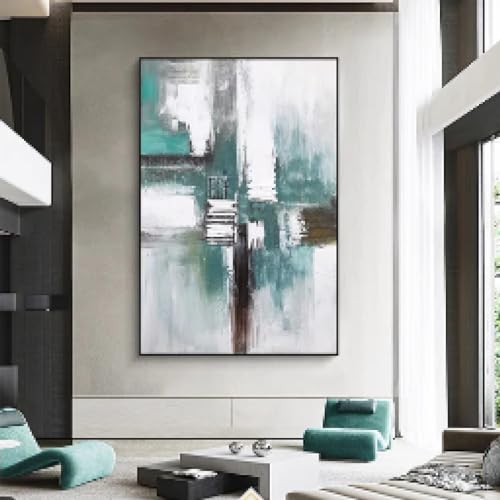 Art mural abstrait vert blanc peinture sur toile géante décoration épurée