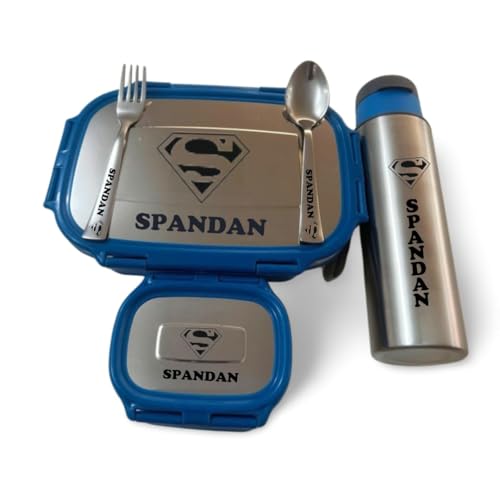 Image of ncgifts Personalized Stainless Steel Tiffin Combo with Spoon, Fork & Bottle | Customized Lunch Box for Kids with Name & Favorite Character Engraved | Ideal for Birthdays & Return Gifts Dark Blue