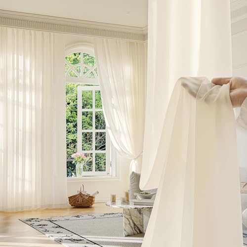 Image of FMFUNCTEX Cream Sheer Curtains, 45 Inch, Rod Pocket, 2 Panels for Bedroom | Butter Cream Semi Sheer Airy Drapes for Living Room, Faux Silk, Light Filtering for Privacy Without Blocking Natural Light