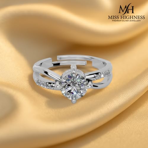 Image of Miss Highness 925 Sterling Pure Silver Ring for Women, Solitaire Rings, Adjustable Size, Daily Wear Silver Jewellery with Certificate of Authenticity, Birthday, Anniversary, Gift for Wife & Girlfriend