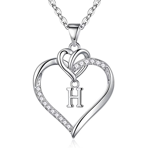STORUP Heart Initial Necklaces for Women 14K-White Gold-Plated Cubic Zirconia Heart Initial H Pendant Necklace Dainty Heart Necklaces for Women Jewelry Gifts for Wife Women