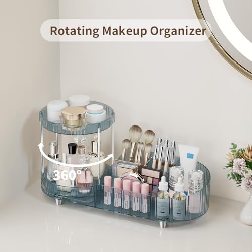 Image of Rotating Makeup Organizer for Vanity, 2 Perfume Trays with 5 Compartments Cosmetic & Skincare Storage, Space-Saving Beauty Organizer, Multi-Purpose Countertop Organizers for Bathroom, Desktop, Pantry