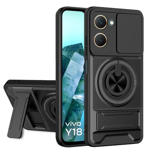 Image of AESTMO Vivo Y18 /Y18E /T3 Lite /iQOO Z9 Lite 5G Back Cover|Armor Camera Slider 360 Degree Rotating Finger Ring Holder Case with Bracket Stand Back Case Cover (Compatible with MagSafe Accessories) Black