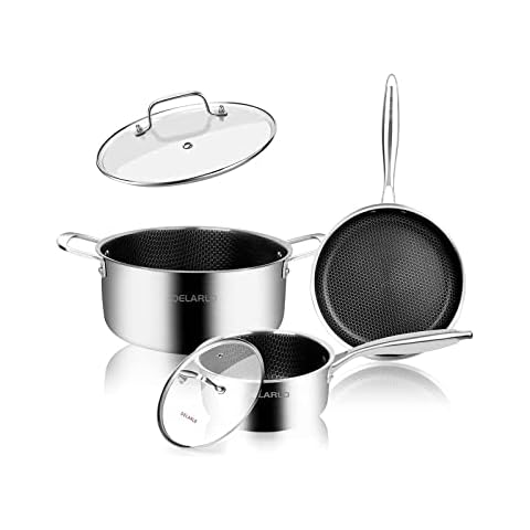 Cookware Nonstick Pots and Pans Set Stainless Steel, 5pcs Kitchen Cookware Even Heat, 18/8 Tri-Ply Steel 5QT Stockpot, 3QT Sautepan, 1.5QT Saucepan with Vented Glass Lids, Suitable for All Stovetops Cover