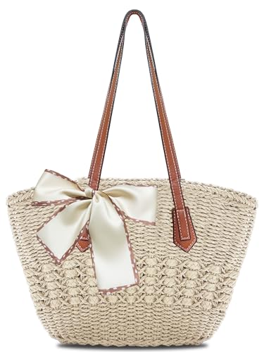 Straw Beach Tote Bag for Women Large Woven Handbags with Zipper and Ribbon Summer Shoulder Bag for Travel Vacation Casual Use