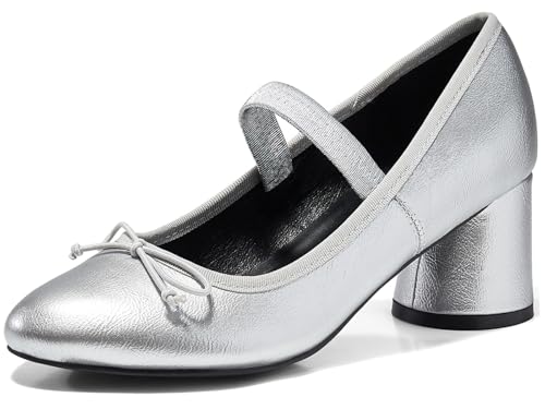 Coutgo Womens Mary Jane Shoes Bowknot Ballet Pumps Closed Toe Chunky Low Heels Dress Casual Wedding Shoes