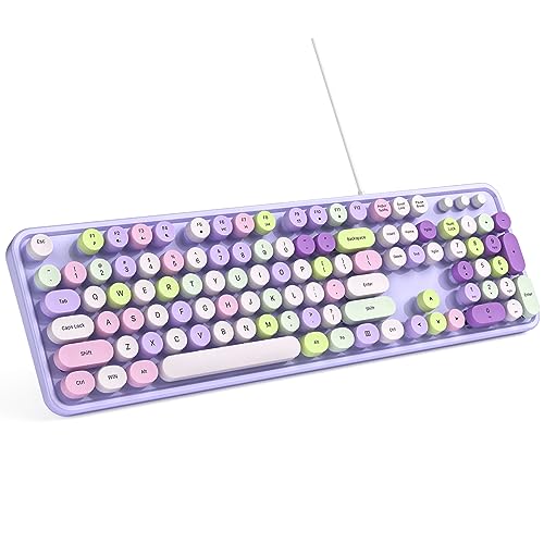Computer Keyboard Wired, Plug and Play USB Retro Round Typewriter Keyboard, Full Size Wired Keyboard with Foldable Stands for Laptop and Office PC- Purple Colorful
