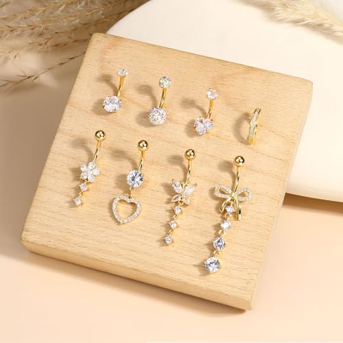 YADOCA 316L Surgical Steel Gold Dangle Belly Button Ring for Women Silver Dangly Belly Rings 14G Hypoallergenic Navel Belly Button Piercing Jewelry Bow Heart 10mm/12mm Barbell Length 5