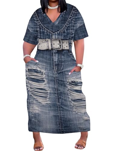 Image of SUZONANA Plus Size Denim Print Maxi Dresses for Women Casual V Neck Short Sleeve with Pockets Soft Jean Look Dress XL-6XL