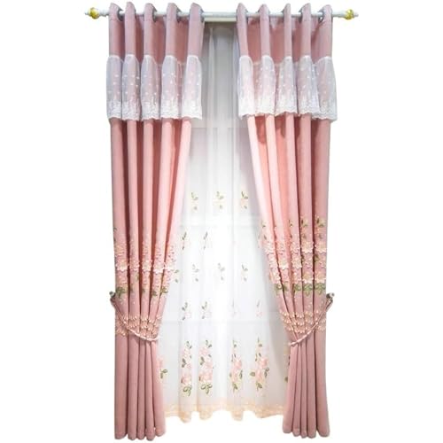 Rideaux en chenille rose isolants et brodés de fleurs de luxe - 7
