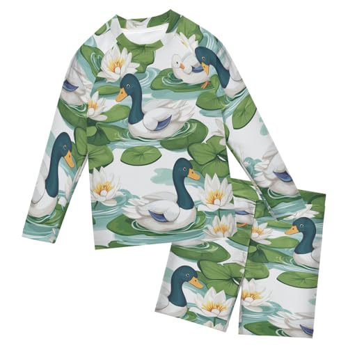 Duck Lotus Floral Boys Swimsuit Rash Guard Toddler Kids Long Sleeve Swim Shirt and Trunks Swimwear Set 3-10Y