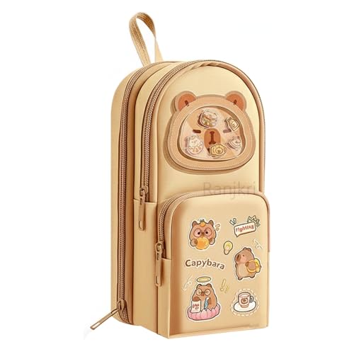 Image of Cute Capibara Pencil Pouch for Girls & Boys | Large Capacity Pen Bag with 3 Layers & 6 Pockets | Hanging Multi-Layer Stationery Organizer | School & Office Pencil Case with Bear Design