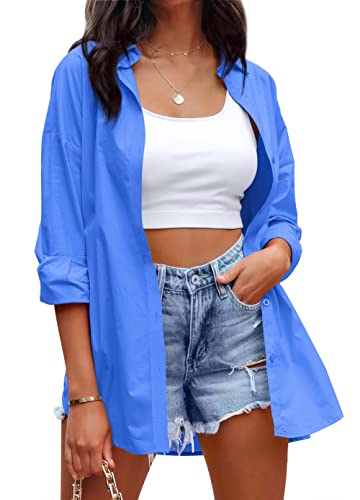 NONSAR Chemisier élégant à manches longues avec col en V pour femme - Chemises de loisirs - Coupe ample - Chemise longue en coton, Blau, XXL Cover