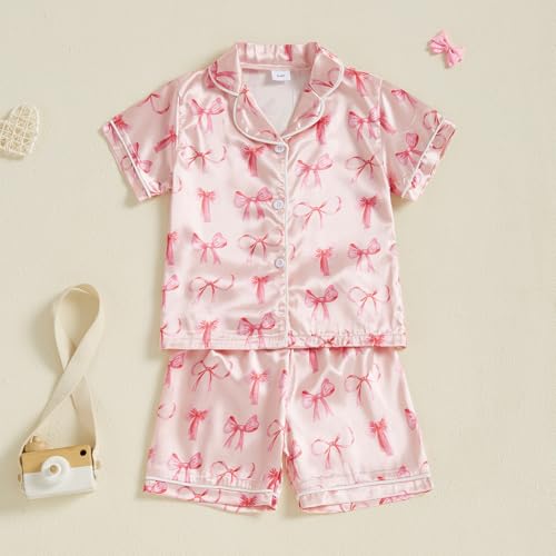 Kuriozud Toddler Baby Kids Satin Pajamas Short Sleeve Button Down 2 Piece Pajama Set Little Girl Sleepwear Summer Pajamas2