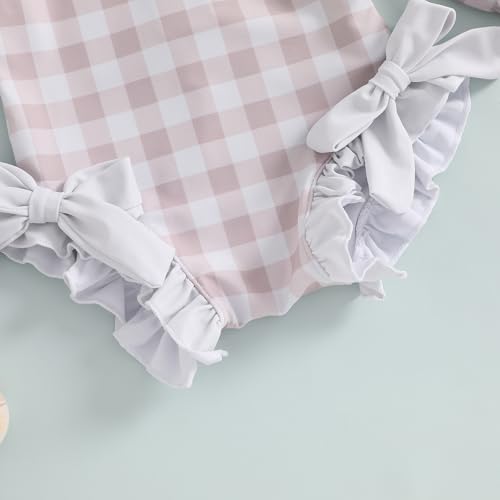 Toddler Baby Girl One Piece Swimsuit Checkered Print Long Sleeve One Piece Rash Guard Ruffle Swimsuit with Hat Set 6