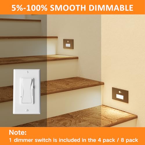 Image of 8 Pack 3CCT 120V Motion Sensor LED Step Lights Indoor Outdoor, Black | Hardwired Stair Lights with Dimmer Switch, 3000K /4000K /6000K, 5%-100% Dimmable, 5W 500LM IP65 Waterproof, Aluminum, ETL