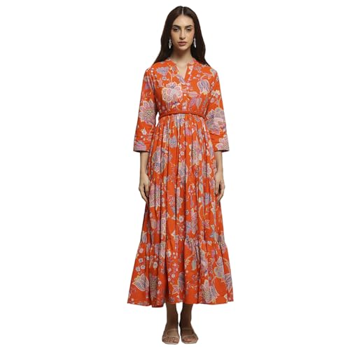 Image of Biba Women's Cotton 3 /4 Sleeves Calf Length Band Collar A-Line Floral Printed Casual Dress