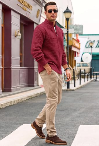 Runcati Mens Zip Up Cardigan Sweater Casual Stand Collar Textured Knit Ribbed Chunky Sweaters4