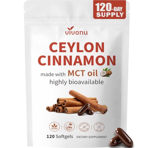 2-in-1 Organic Ceylon Cinnamon with MCT Oil Supplements Softgels 120 Day Supply Authentic Sri Lankan Source Liposome Highly Bioavailable Extract Energy & Metabolism Support Large Granule Softgels