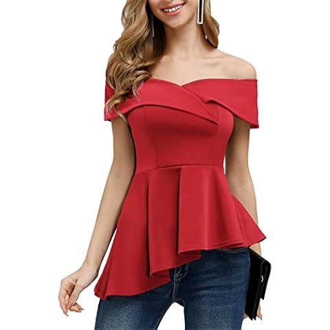 JASAMBAC Women's Elegant Off The Shoulder Asymmetrical Tops Summer Short Sleeve Ruffle Blouse Red S Cover