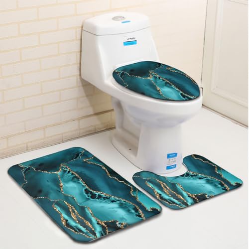 Badvorleger Set Dunkelgrünes Marmormuster Badgarnitur 3 Teilig, Bodenvorleger U-förmiger WC-Vorleger WC-Deckelbezug, rutschfest, Waschbar für Badewanne, Dusche, Badezimmer – Bild 4