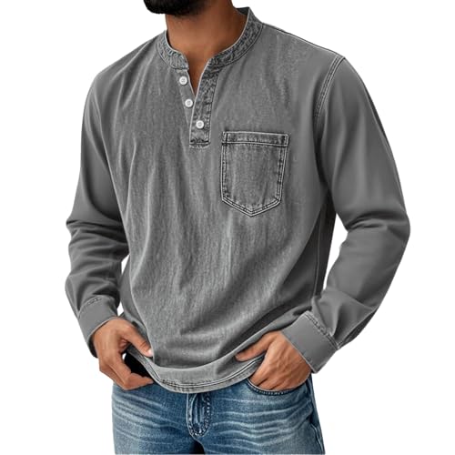 Men's Henley Neck Shirt Classic Distressed Long Sleeve Button Stand Collar Shirts Casual Washed Tops with Pocket