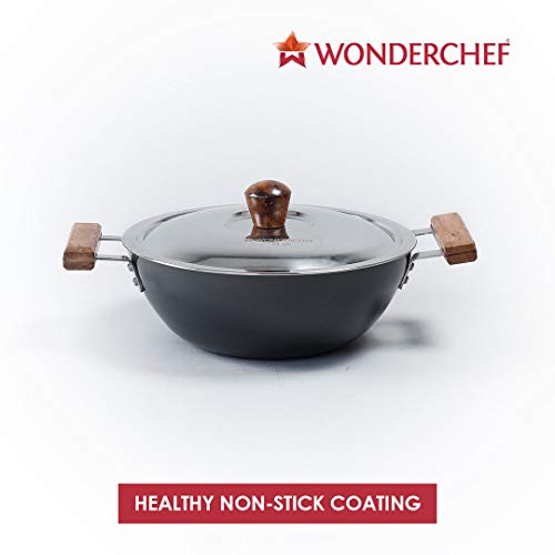 Image of Wonderchef Ebony Hard Anodized Wok with Lid - 24cm, 2.7L | Ideal for Biryani, Pulao | Black