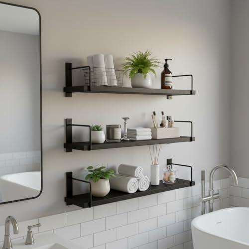 Image of Wall Mounted Bathroom Shelves Set of 3, Black Rustic Wood Floating Shelves with Metal Brackets, Wall Storage Display Rack for Toiletries, Organizer, Kitchen, Bedroom, Living Room 23.5 inch