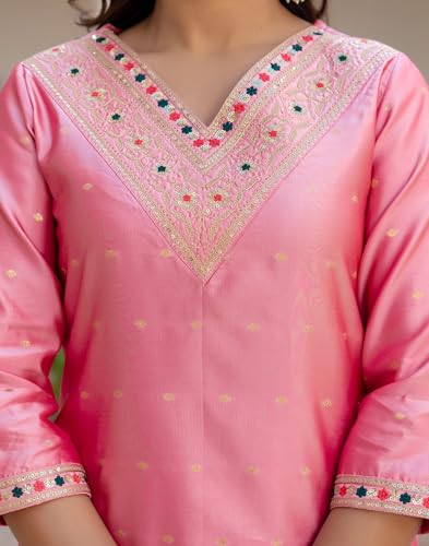Image of SKYLEE Silk Blend Embroidery and Sequins Work, Weaving, Lace Straight Kurta Set with Dupatta