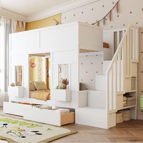MAMAINI Litera con espacio de almacenamiento, cajones, 90 x 200 cm, cama alta con ventanas y cajas de almacenamiento, estructura de madera con barandillas de seguridad, ahorra espacio, cuna, color