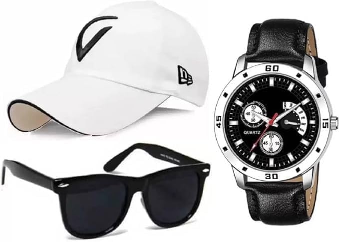 RYTORIA Combo Pack of 3 for Men & Boys – Analog Dial Watch, Adjustable Sports Baseball Cap & UV Protected Aviator Sunglasses | Stylish Fashion Accessories Gift Set for Casual & Outdoor Wear RYTORIA Combo Pack of 3 for Men & Boys – Analog Dial Watch, Adjustable Sports Baseball Cap & UV Protected Aviator Sunglasses | Stylish Fashion Accessories Gift Set for Casual & Outdoor Wear