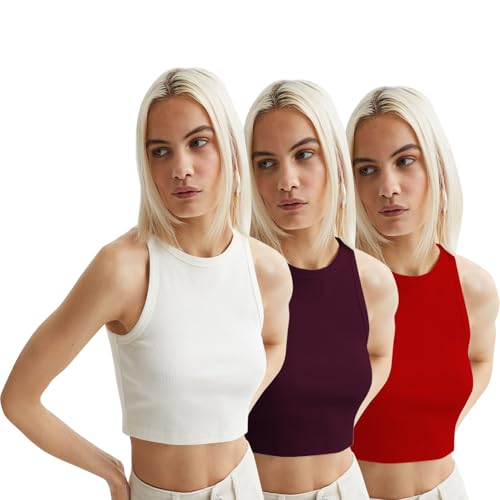 Image of KERI PERRY Tops for Women Crop Top for Women's Tank Activewear Tee Sports Western Casual Cotton Camisole Pack of 3 Combo
