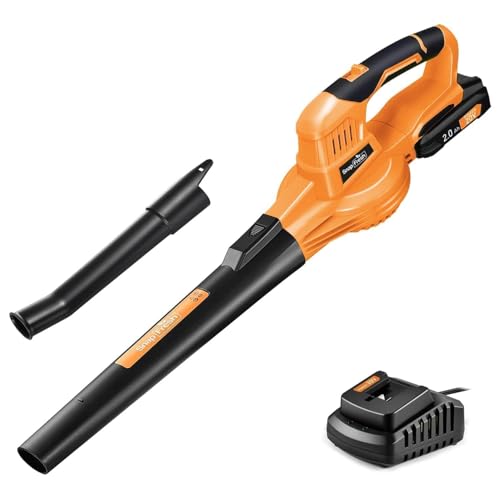 SnapFresh Souffleur de feuilles électrique sans fil – Souffleur de feuilles électrique 20 V avec batterie de 2 Ah et chargeur, léger à 2 vitesses pour l'entretien de la pelouse et le nettoyage de la cour, du jardin, de la terrasse, orange