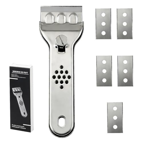 FIGCY Rascador para Horno con 5 Cuchillas de Repuesto, Rasqueta de Acero Inoxidable para Vitrocerámica, Vidrio y Superficies de Cocina, Limpiador Antirrayaduras para Grasa