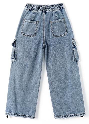 KIDSCOOL SPACE 6-Pocket Girls Wide-Leg Denim Pants, 5-14T Ribbed Waist with D-Ring Loops & String Cargo Jeans2