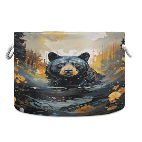 Round Storage Basket Black Bear in The Forest Open Home Storage Bin 20 * 13.9in