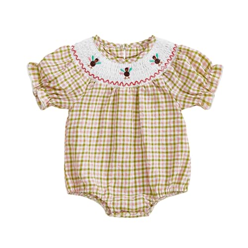 Ayalinggo Newborn Baby Girl Smocked Thanksgiving Outfit Infant Plaid Bubble Romper Embroidery Turkey Fall Clothes (Orange Turkey 12-18 Months)