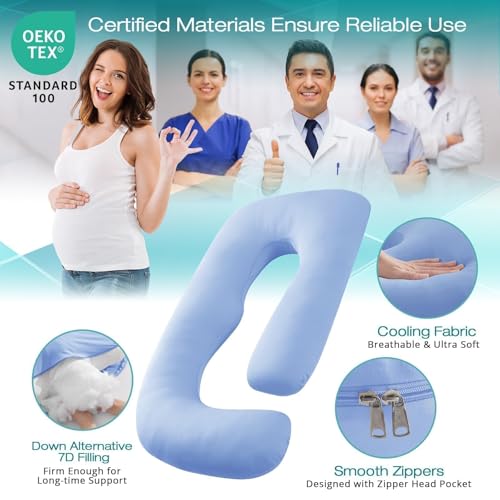 Image of Cooling Pregnancy Pillows for Sleeping, 57'' Full Body Pillow, Light Blue | Sasttie Maternity Pillow, OEKO-TEX, Down Alternative, Removable Cover, Pregnant Women Must Haves, Maternity Essential