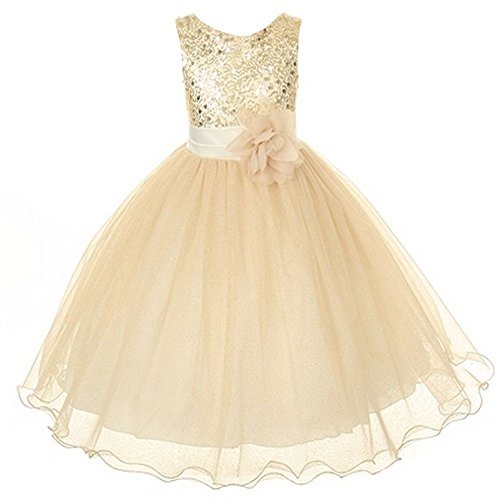 Kid's Dream Girls Gold Sequin Double Mesh Flower Girl Dress,Color:Gold,Size:8