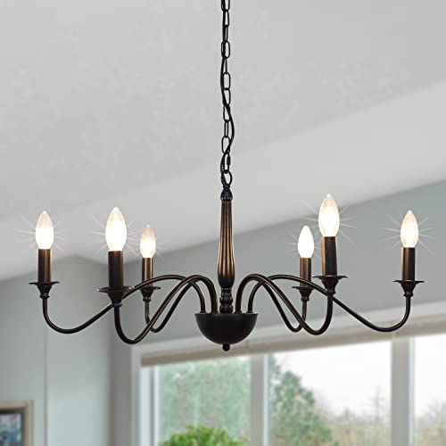 Rustic Chandeliers Farmhouse 6-Light French Country Pendant Lighting for Kitchen Island Black Metal Candle Chandelier Light Fixture Dining Room Bedroom Foyer