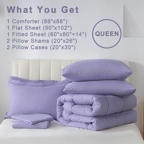 DOWNCOOL Queen Comforter Set, 7Pcs Bedding Sets Queen Purple, All Season Down Alternative Bed in a Bag Queen with Comforter, Flat Sheet, Fitted Sheet, 2 Pillow Shams & 2 Pillowcases
