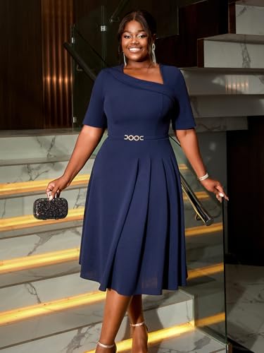 AOMEI Women's Irregular Neck Short Sleeve Buckle Asymmetrical A-Line Casual Work Dress2