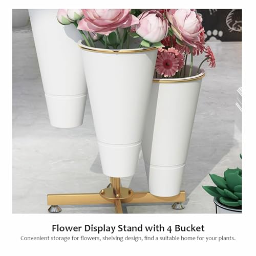 Présentoir de fleurs avec 4 seaux – Support en métal pour plantes, cadre antirouille, design échelle multicouche pour intérieur/extérieur, idéal pour terrasse et jardin