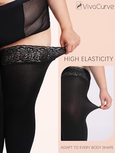 Plus Size Fleece Lined Thigh High Stockings Stay Up Lace Top Opaque Winter Warm Tights for Women3