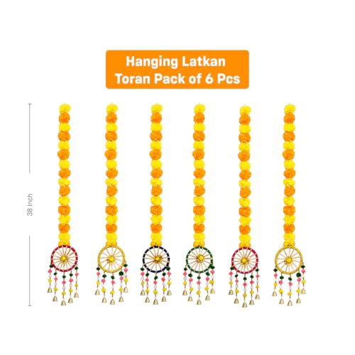 Image of Party Propz Artificial Marigold Hanging Decoration Items with Chakra Latkan- 6Pcs Ganpati Decoration Setup for Home, Varamahalakshmi Decorative Items, Door Hanging, Wall Latkan, Krishna Janmashtami